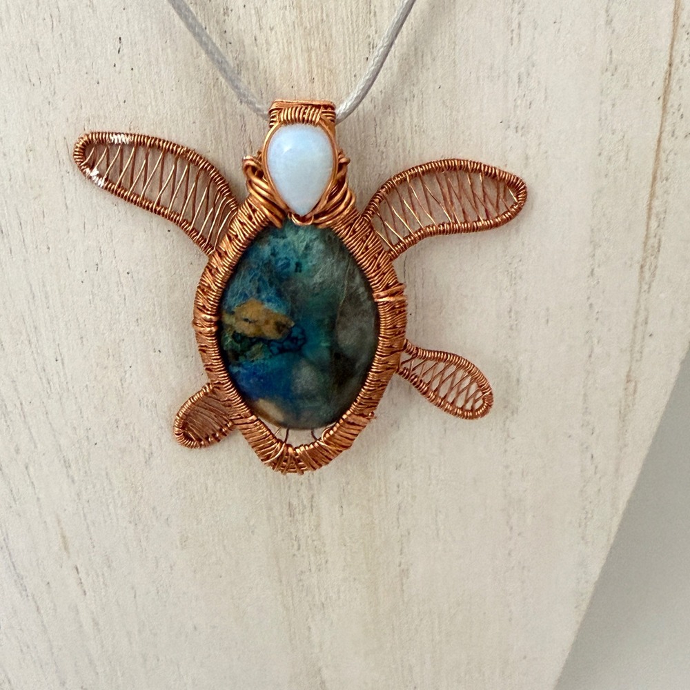 Handmade  Turtle Pendant Necklace Chrysocolla Opalite Copper Wire Wrapped Stone